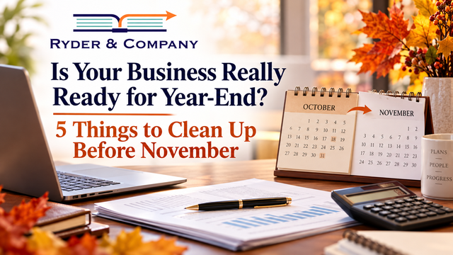 Ryder & Company year-end planning graphic with October and November calendars and office tools